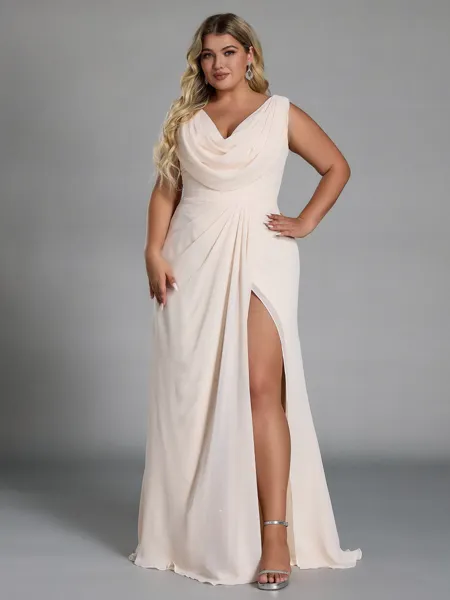 Perfekt Slida/Kappad Plisserad Golvlång Chiffong Korsett Plus Size Brudtärneklänning