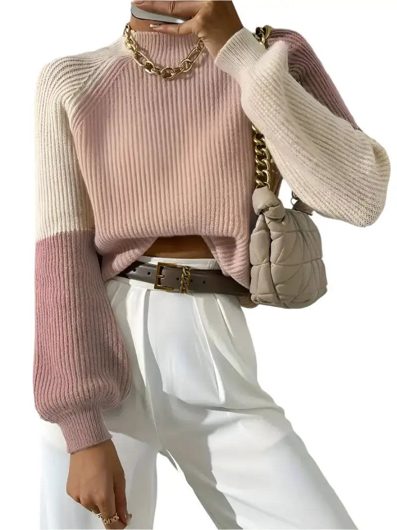 Stickad Dam Turtleneck Tröja med Färgblock och Randiga Ärmar, Mjuk Akr