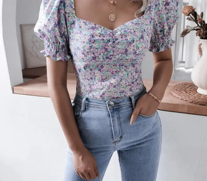 Vit Dam Blus Puffärmar Elegant Bomull